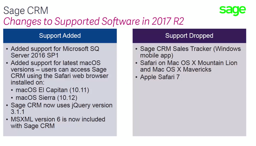 Sage CRM 2017 R2 - Supported Software Changes